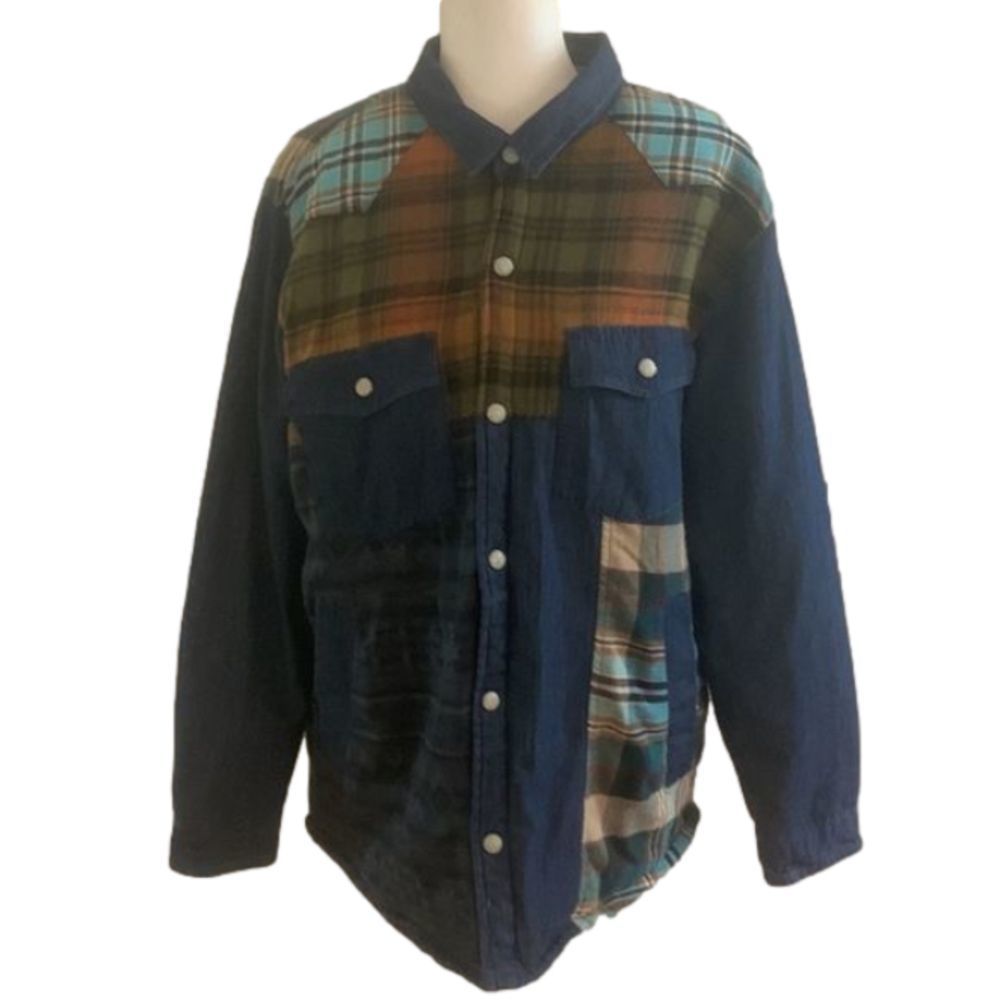 SUN + Stone heavy shackett, size XL, patch work design, pearl buttons,four pocke